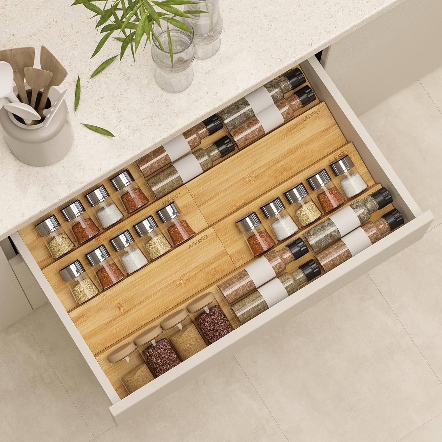 AMBIRD Bamboo Spice Drawer Organizer for Kitchen Storage