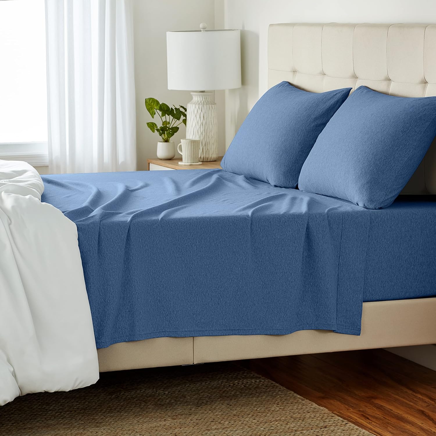 Queen Bed Sheets Set, 100% Cotton Jersey, Super Soft Comfort