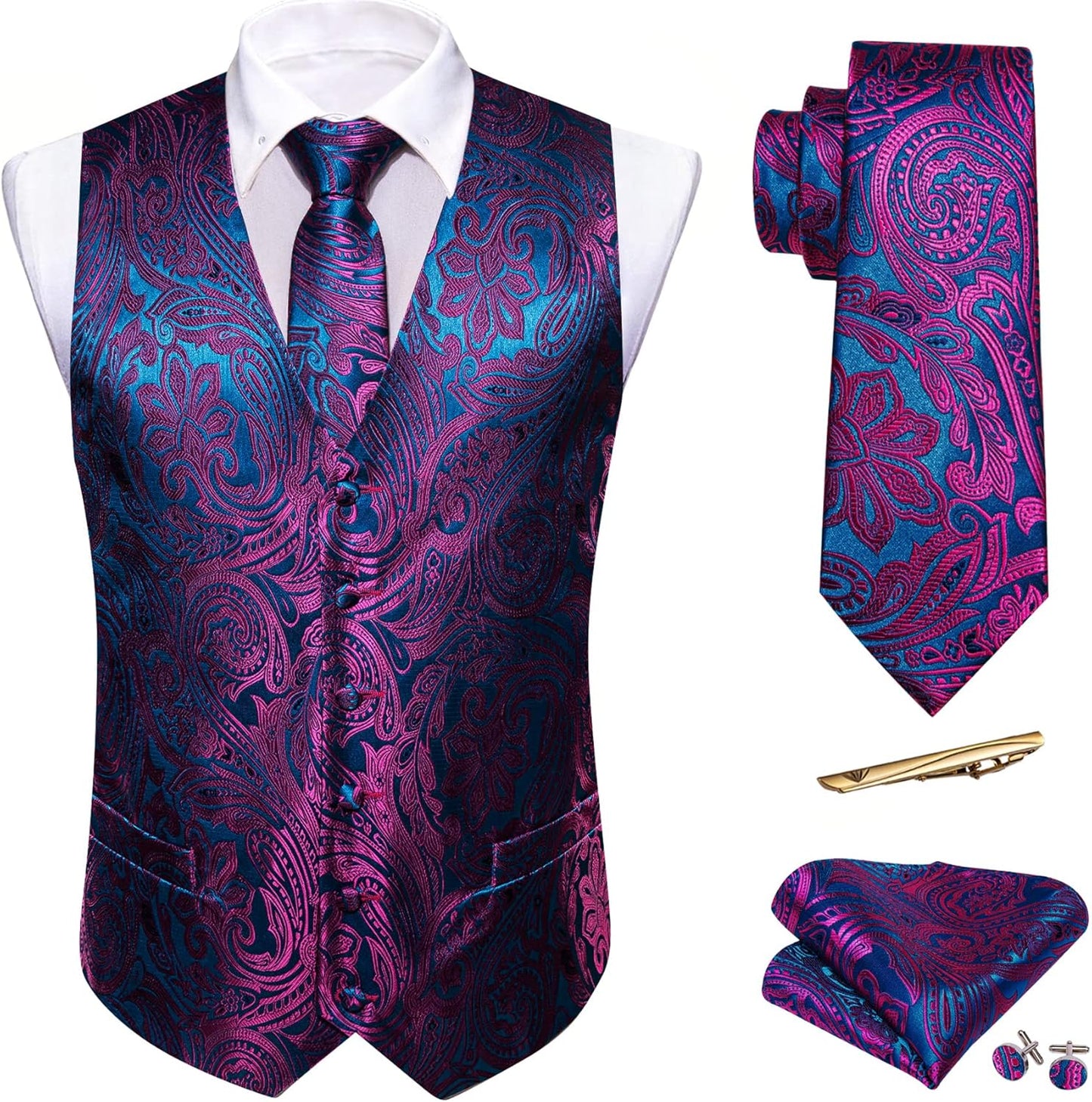 Barry.Wang Mens Paisley V-neck Suit Vest Set for Any Occasion