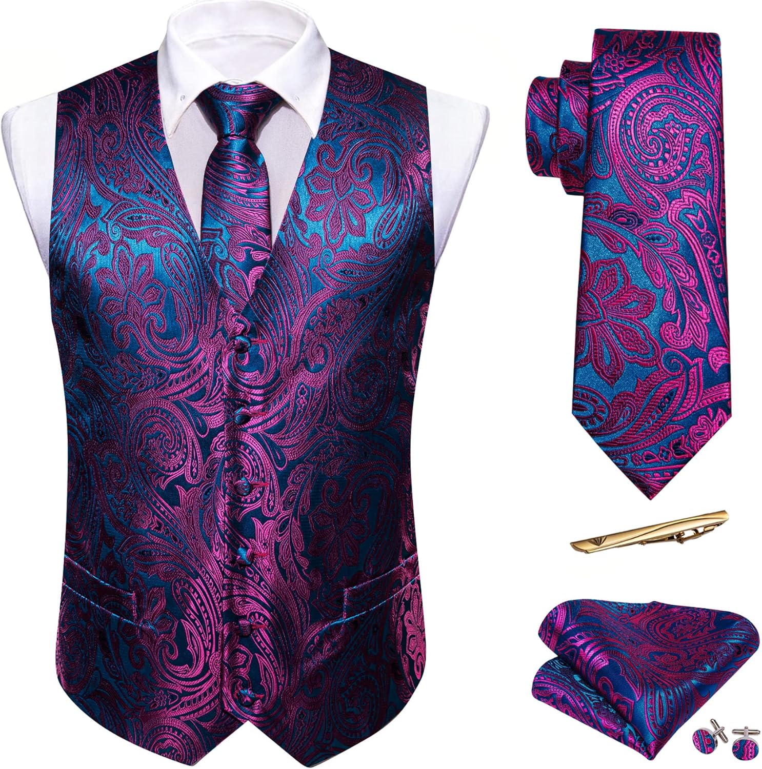 Barry.Wang Mens Suit Vest Silk Jacquard Waistcoat Ties Set