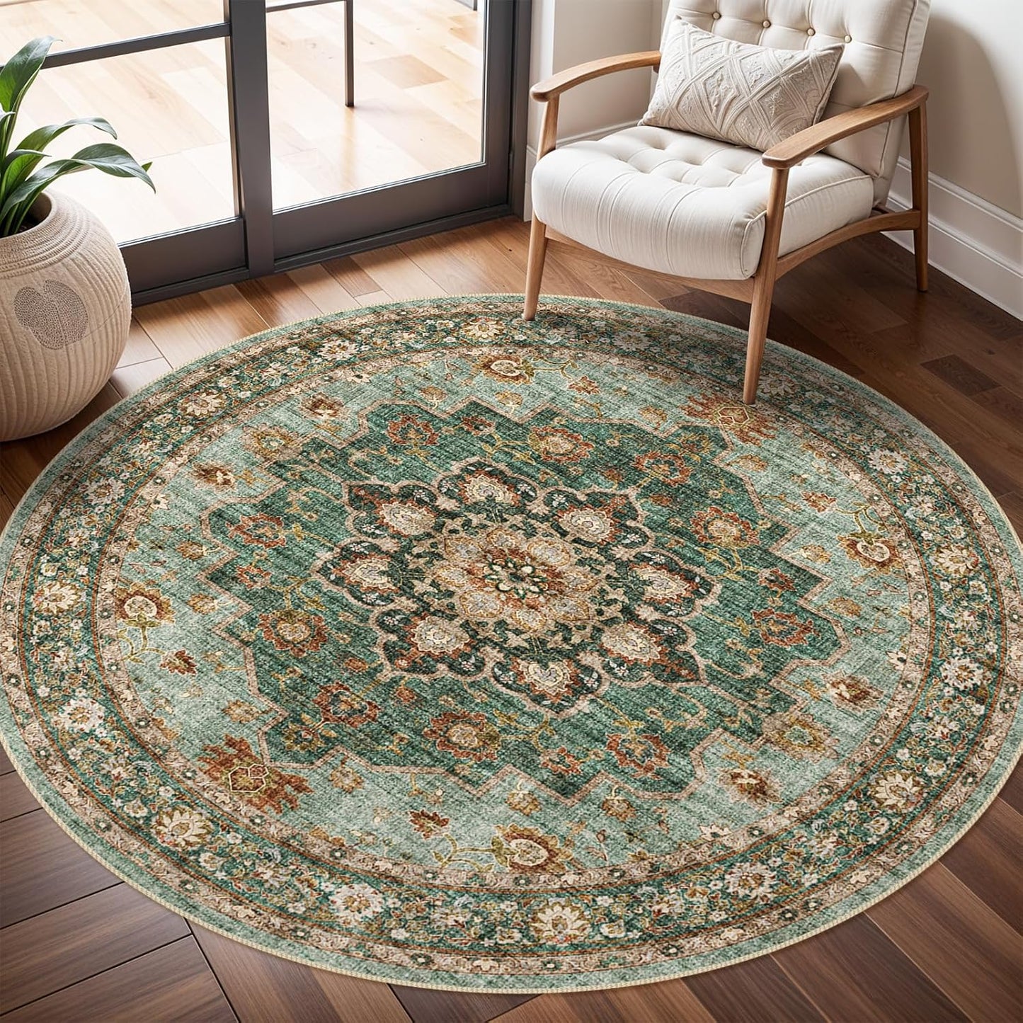 Washable Oriental Area Rug - 6ft Round Soft Carpet for Home