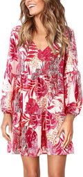 Womens Tunic Dress V Neck Lantern Sleeves - Flowy Casual Shift