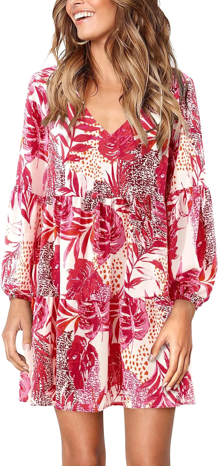 Amoretu Womens Tunic Dress Long Sleeve V Neck Casual Style