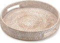 16.9 in Round Rattan Tray Hand Woven Serving Tray - Whitewash