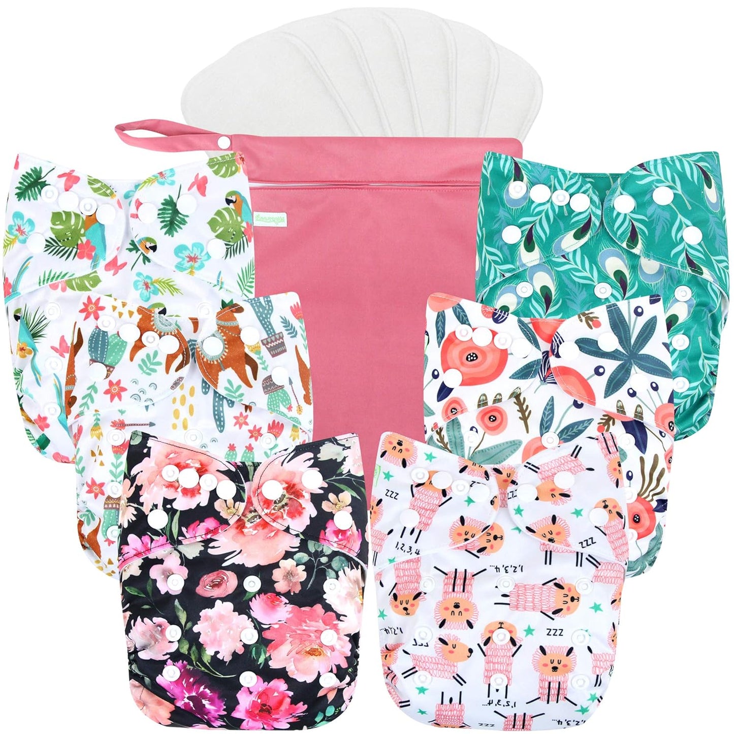 Washable Cloth Diapers 6 Pack with Inserts & Wet Bag - Reusable & Adjustable for Babies