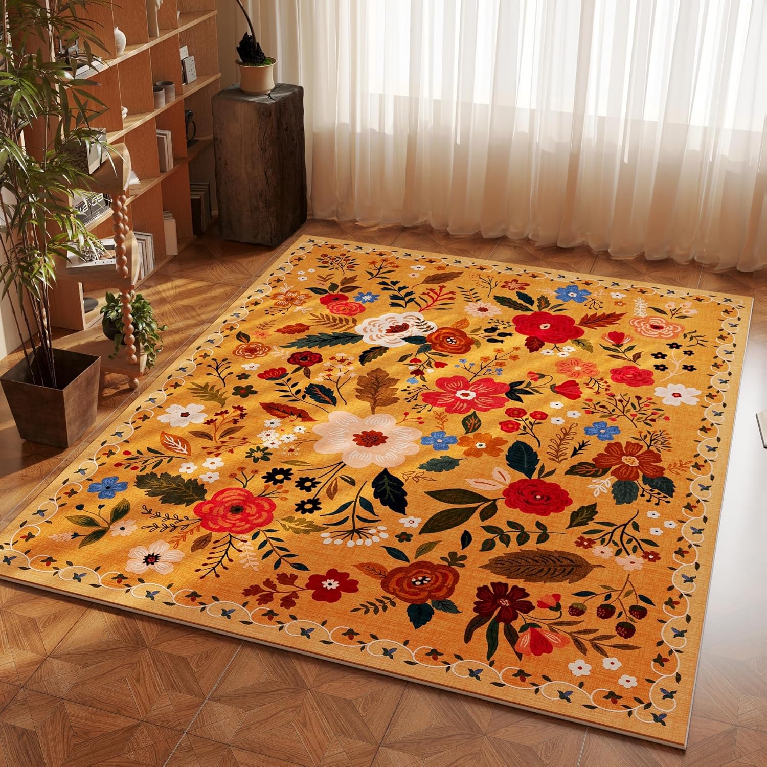 Boho Area Rug 4x6 Washable Non Slip Floral Carpet for Home