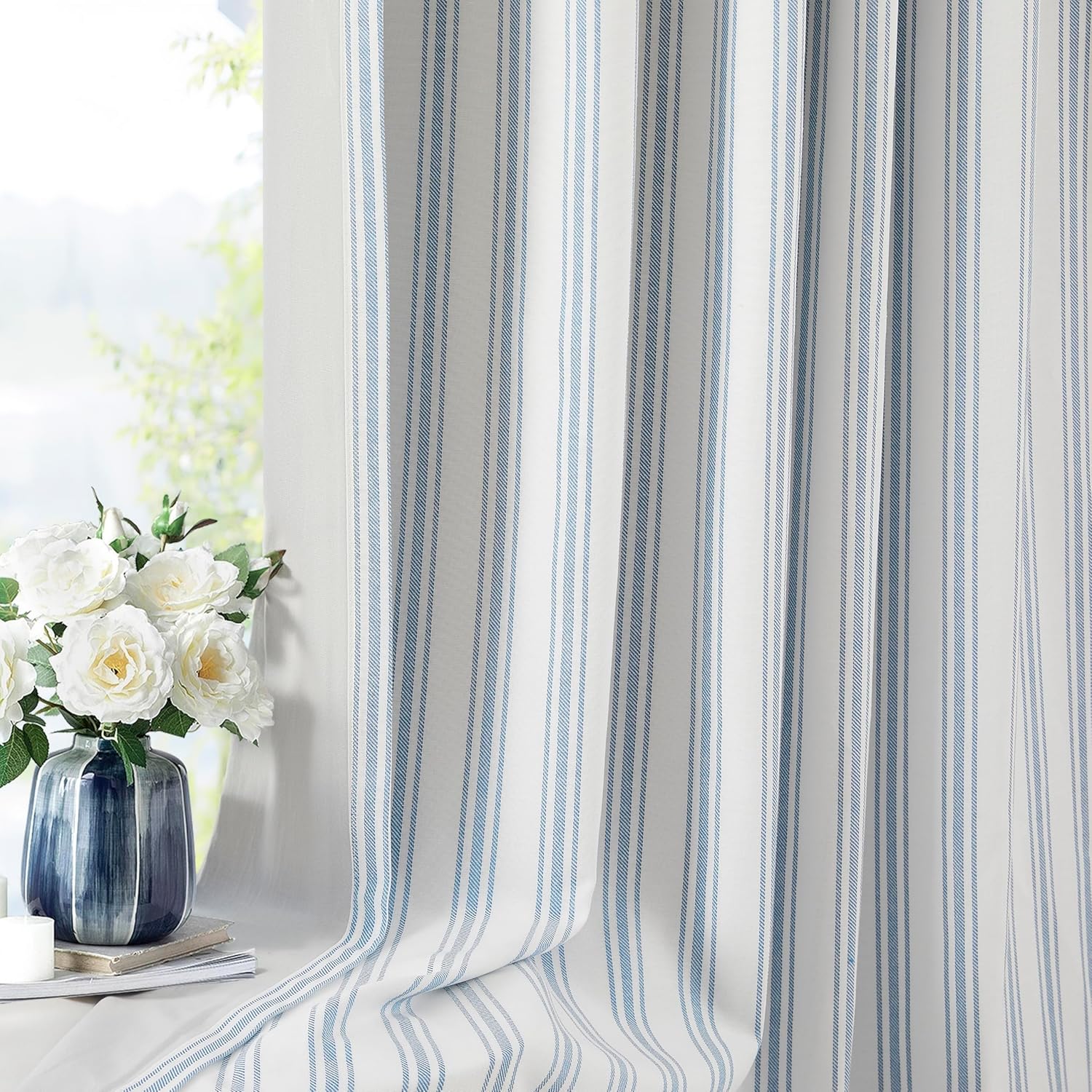 ZJDECOR 63 Inch Blue Striped Full Blackout Window Curtains