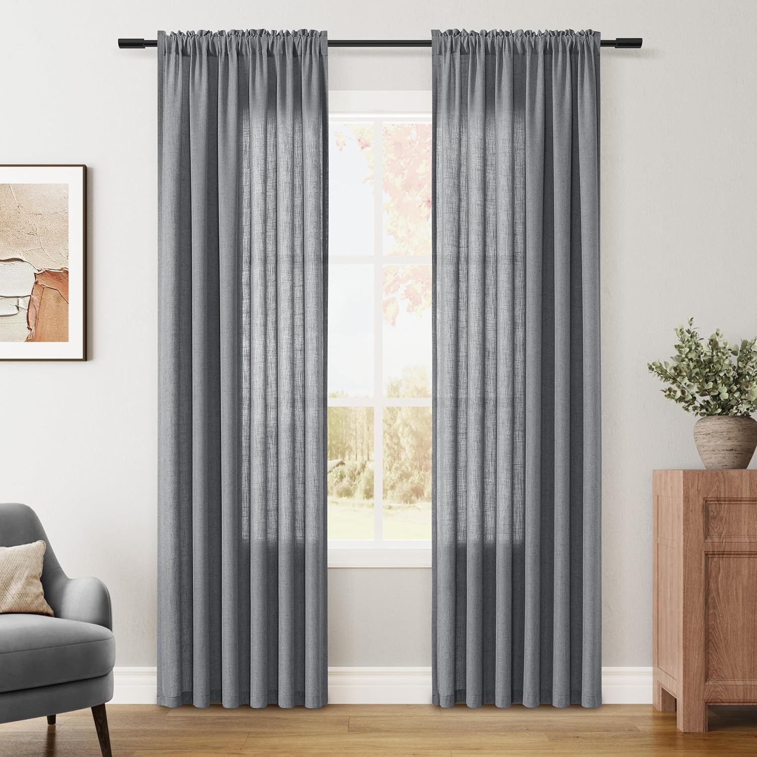 Guken Dark Grey Linen Curtains 84 Inches Long for Cozy Decor