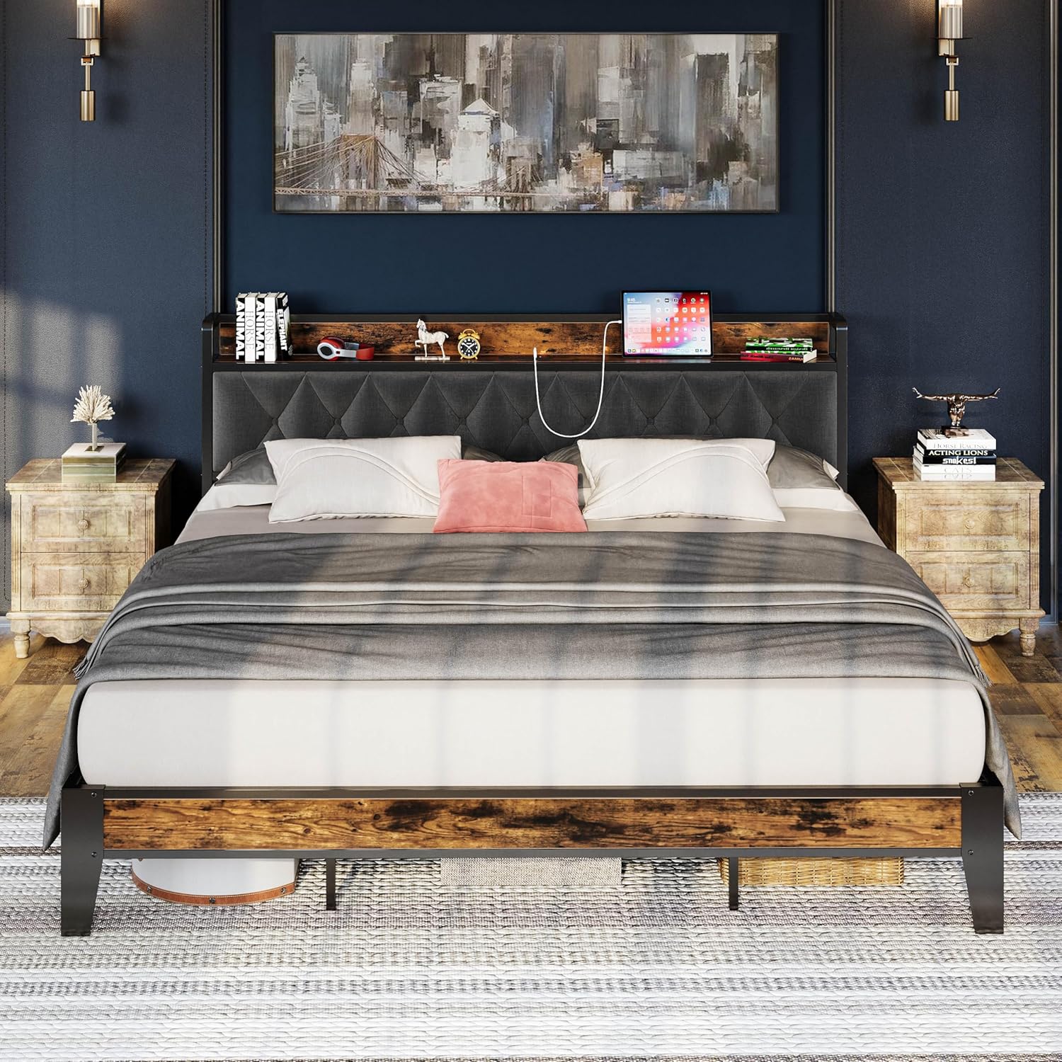 ANCOR California King Bed Frame with Storage Headboard and Outlets