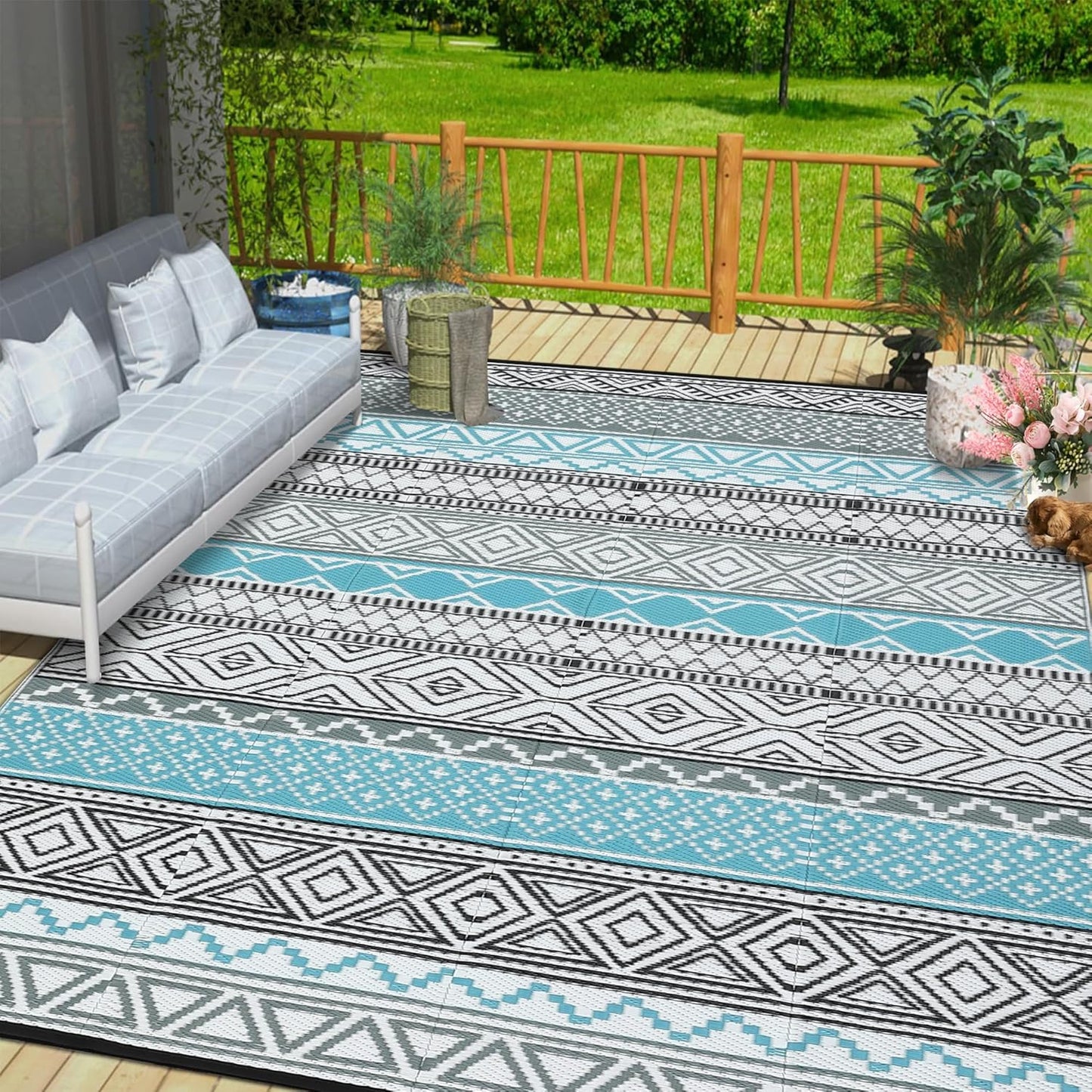 Outdoor Patio Rug 9x12 Waterproof Vintage Bohemian Mats