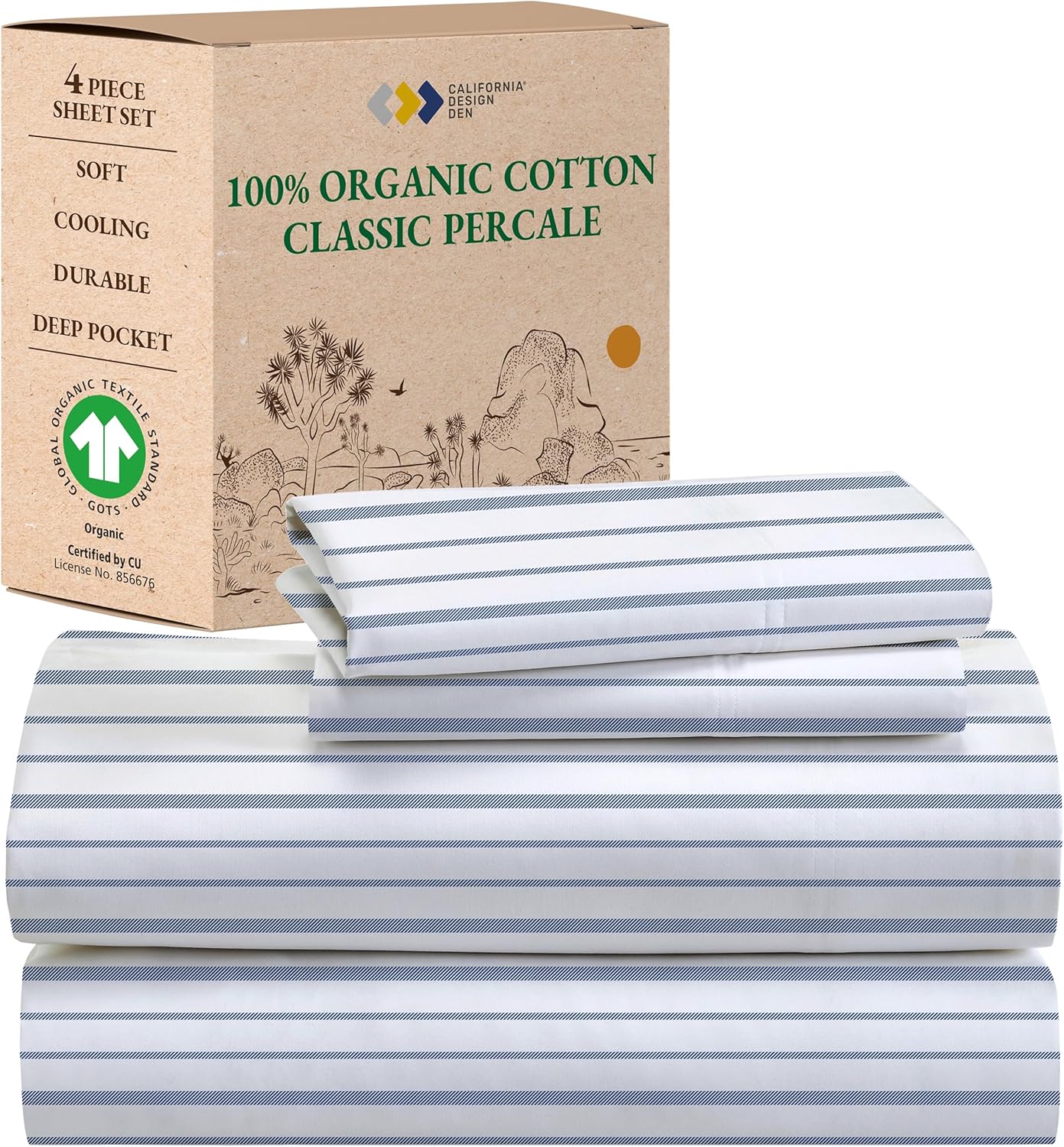 Organic Cotton Blue Stripe Queen Sheet Set for Luxurious Comfort