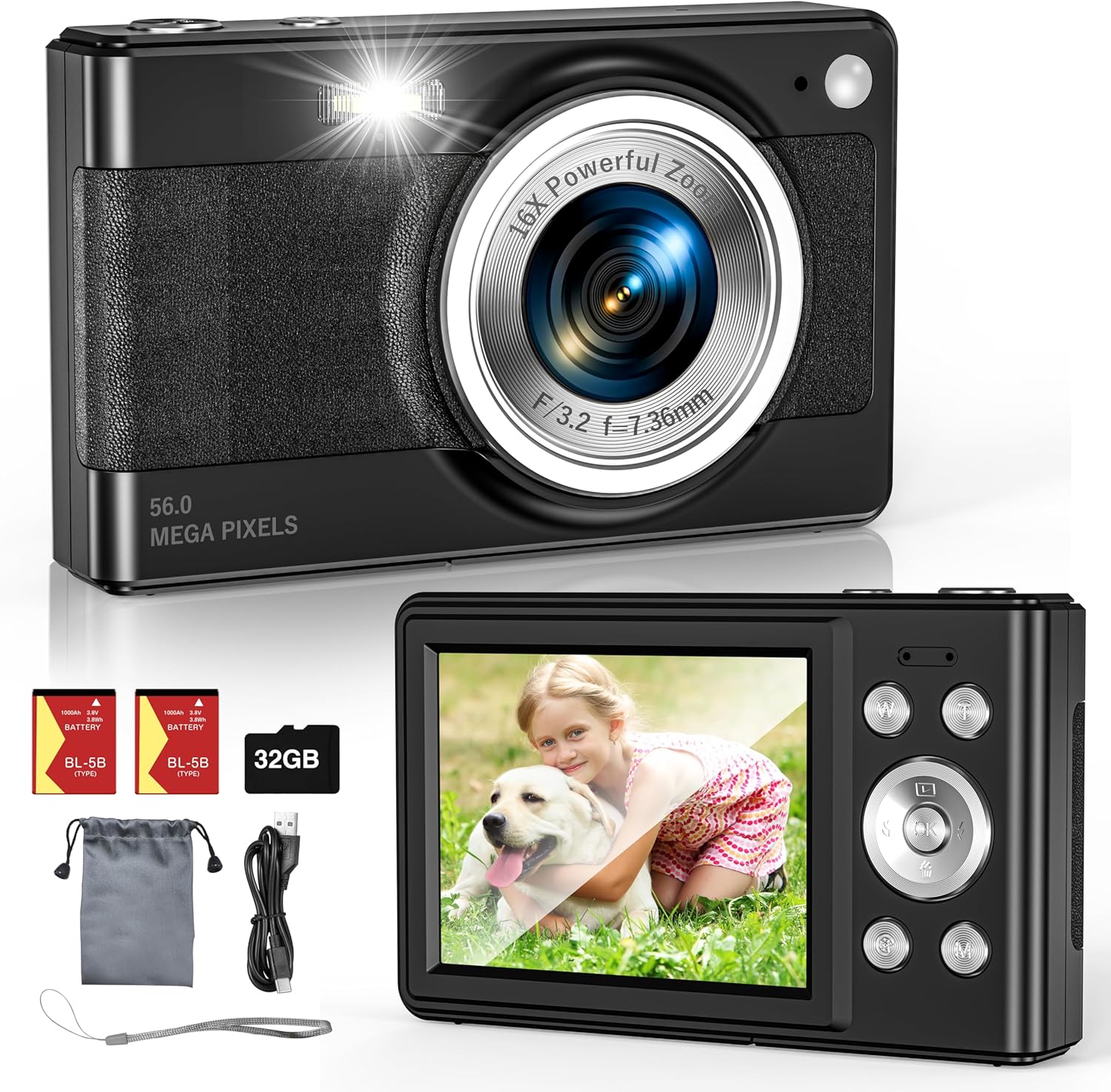 56MP Kid Camera Bundle: Anti Shake, 16x Zoom, 32GB TF Card, Two Batteries
