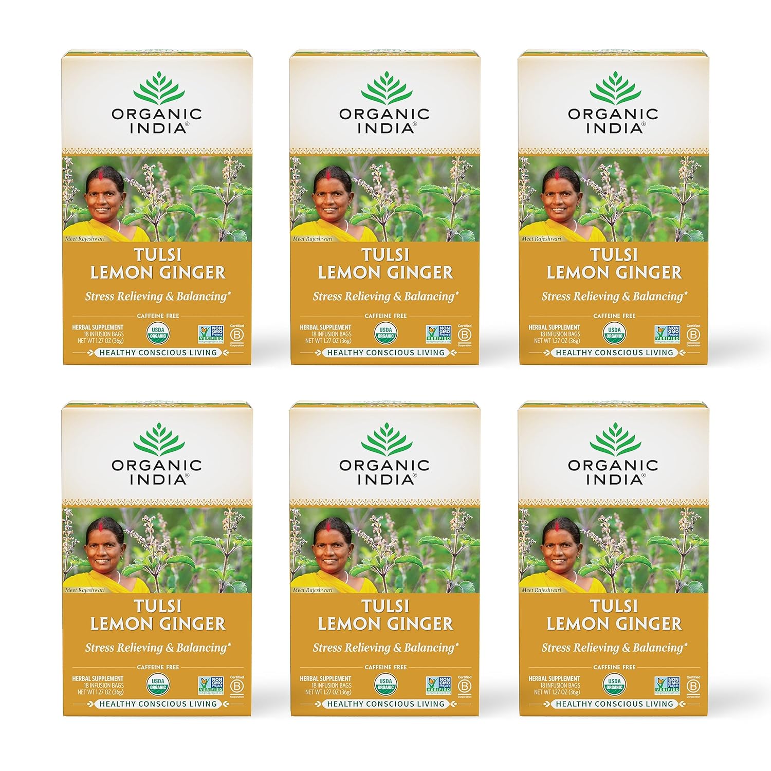 Organic India Tulsi Lemon Ginger Tea Bags for Stress Relief