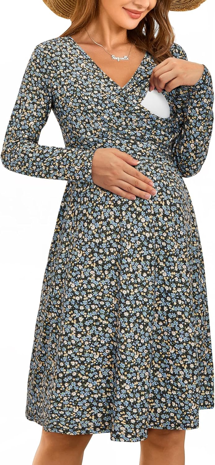 OUGES Womens V-Neck Maternity Dresses for Nursing and Baby Showers