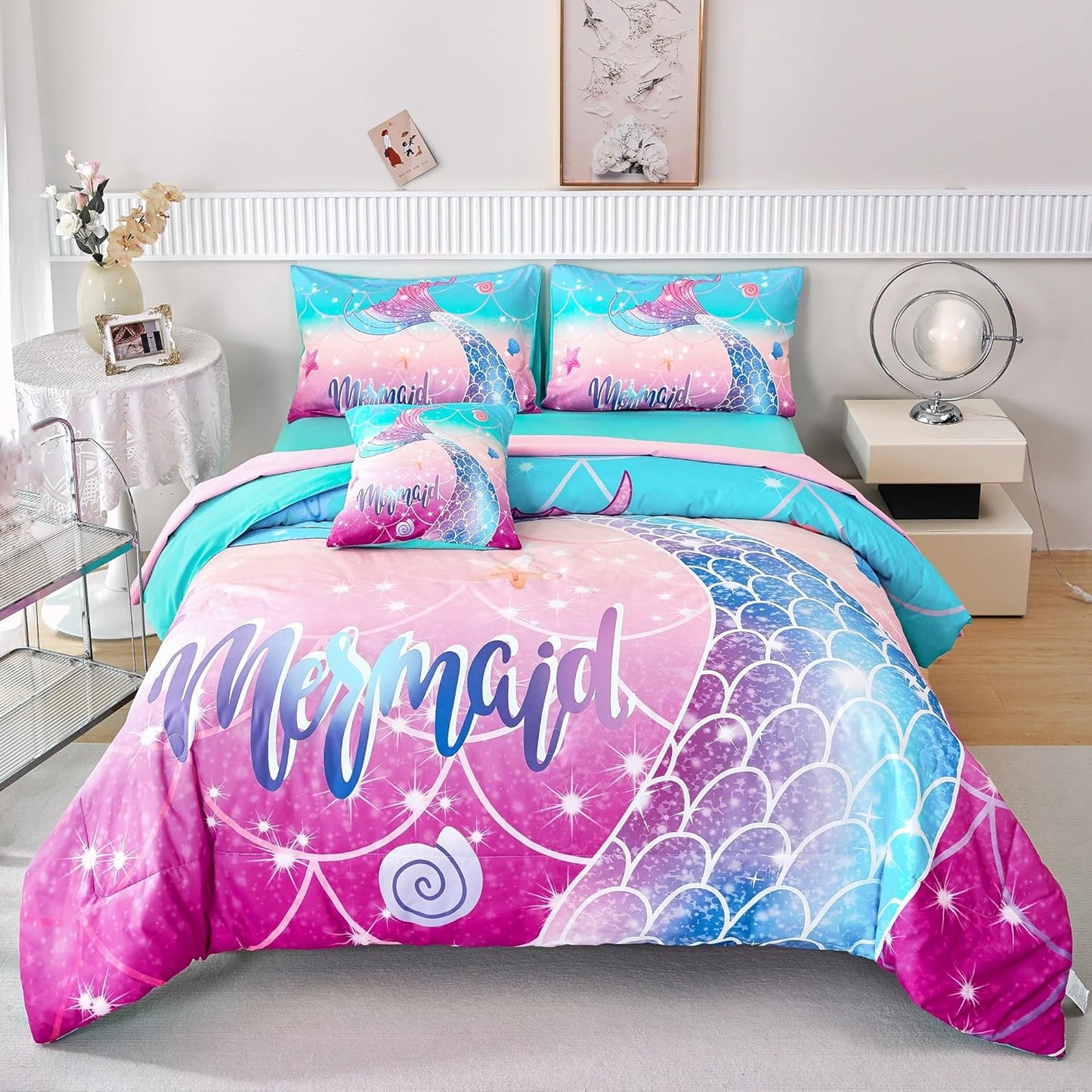 Mermaid Comforter Set for Kids - 6Pcs Full Size Bedding