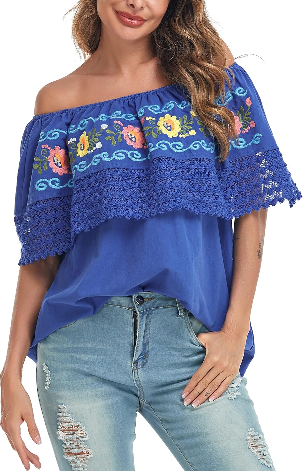 YZXDORWJ Women Mexican Embroidered Off-Shoulder Shirt Top