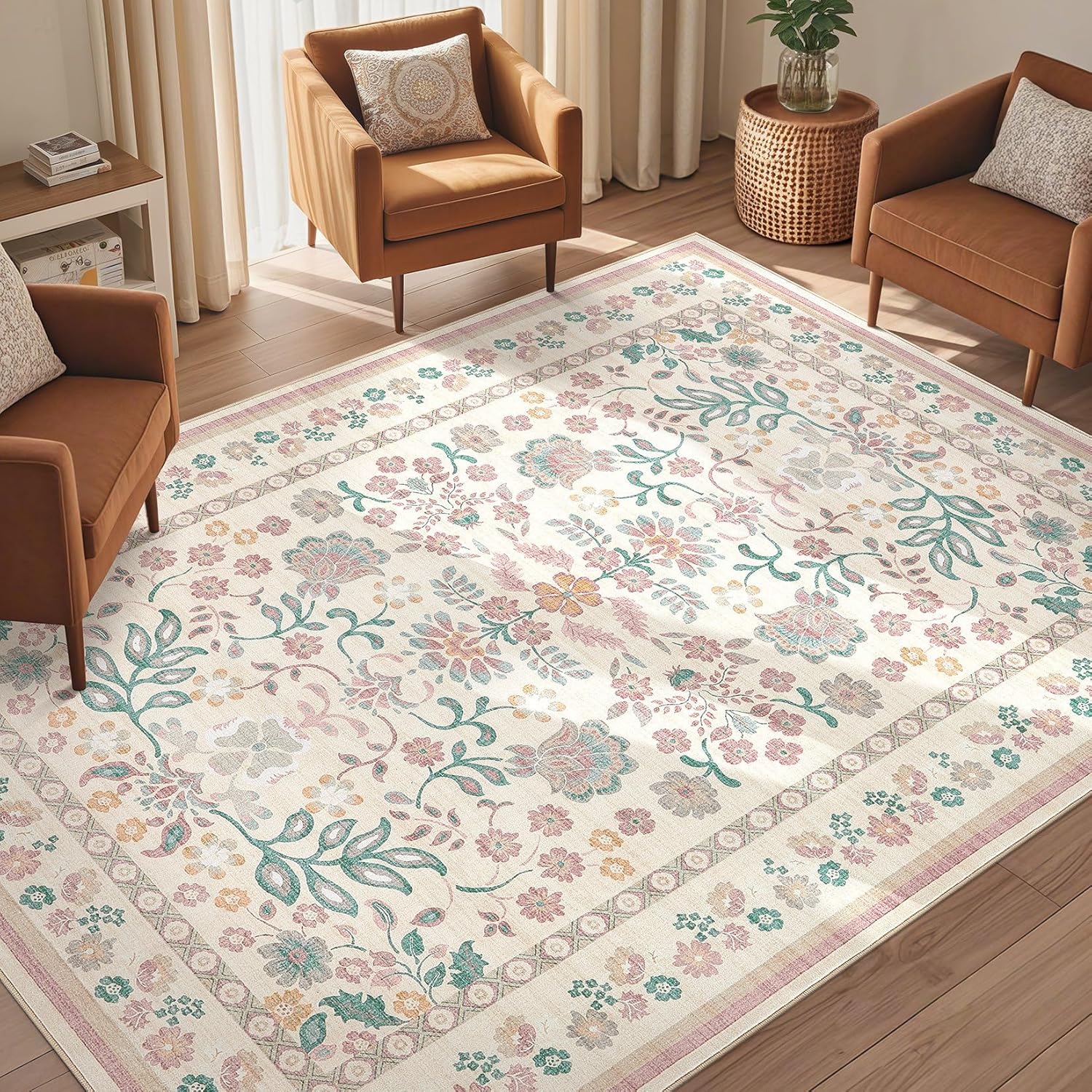 5x7 Area Rug - Washable Boho Vintage Floral Soft Non Slip Carpet