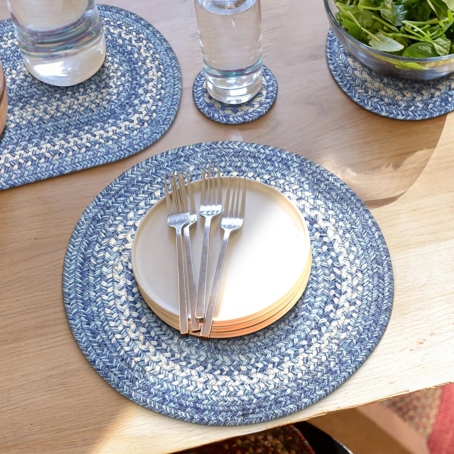 Denim Jute Woven Round Placemats Set of 6 for Coastal Decor
