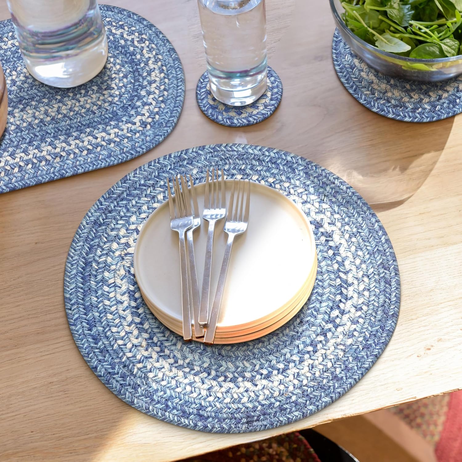 Denim Jute Woven Round Placemats Set of 6 for Coastal Decor