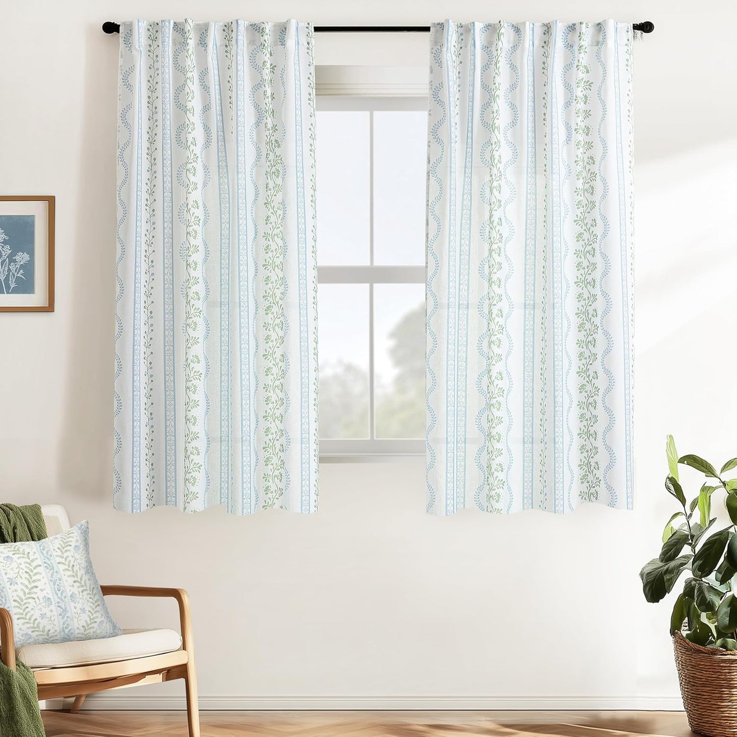 White and Blue Floral Sheer Curtains for Bedroom Decor