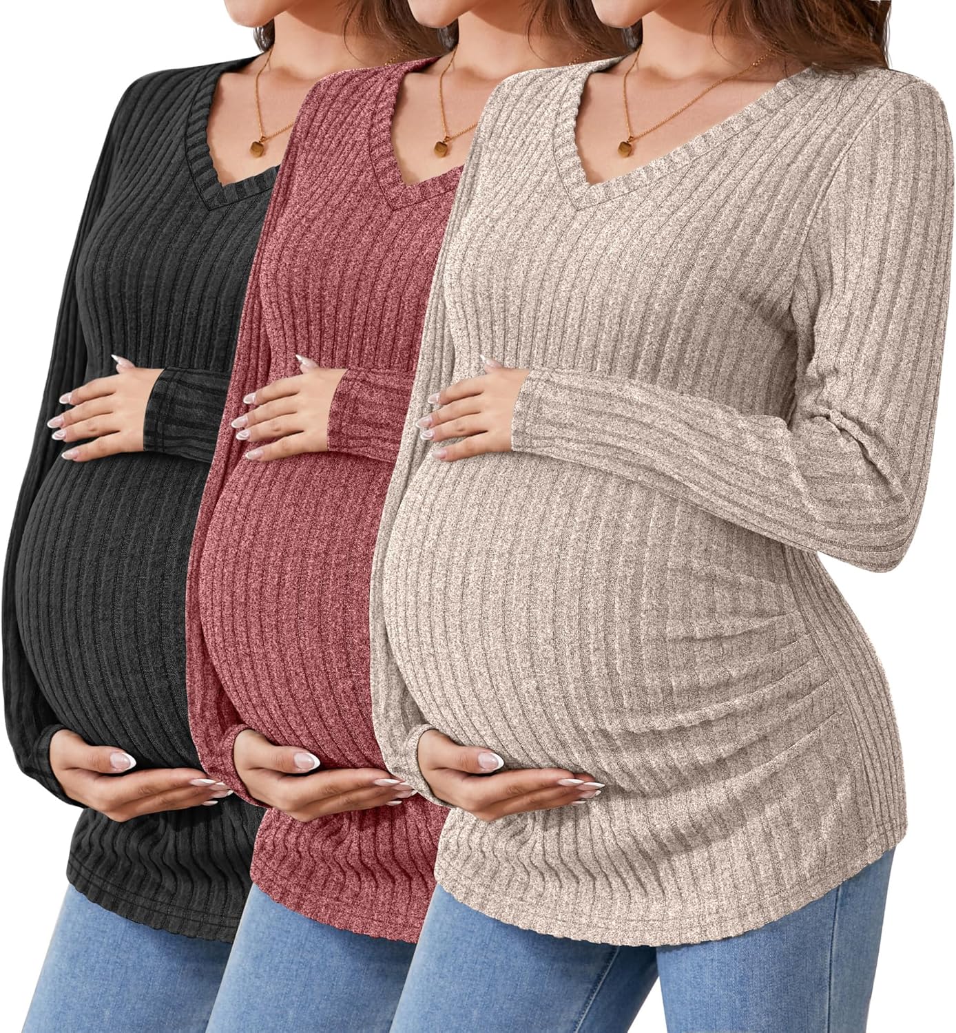 Ribbed Long Sleeve Maternity Shirts for Comfortable Pregnancy Wear