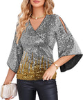 Sparkly Sequin V-Neck Tops for Women - Glitter 3/4 Sleeve