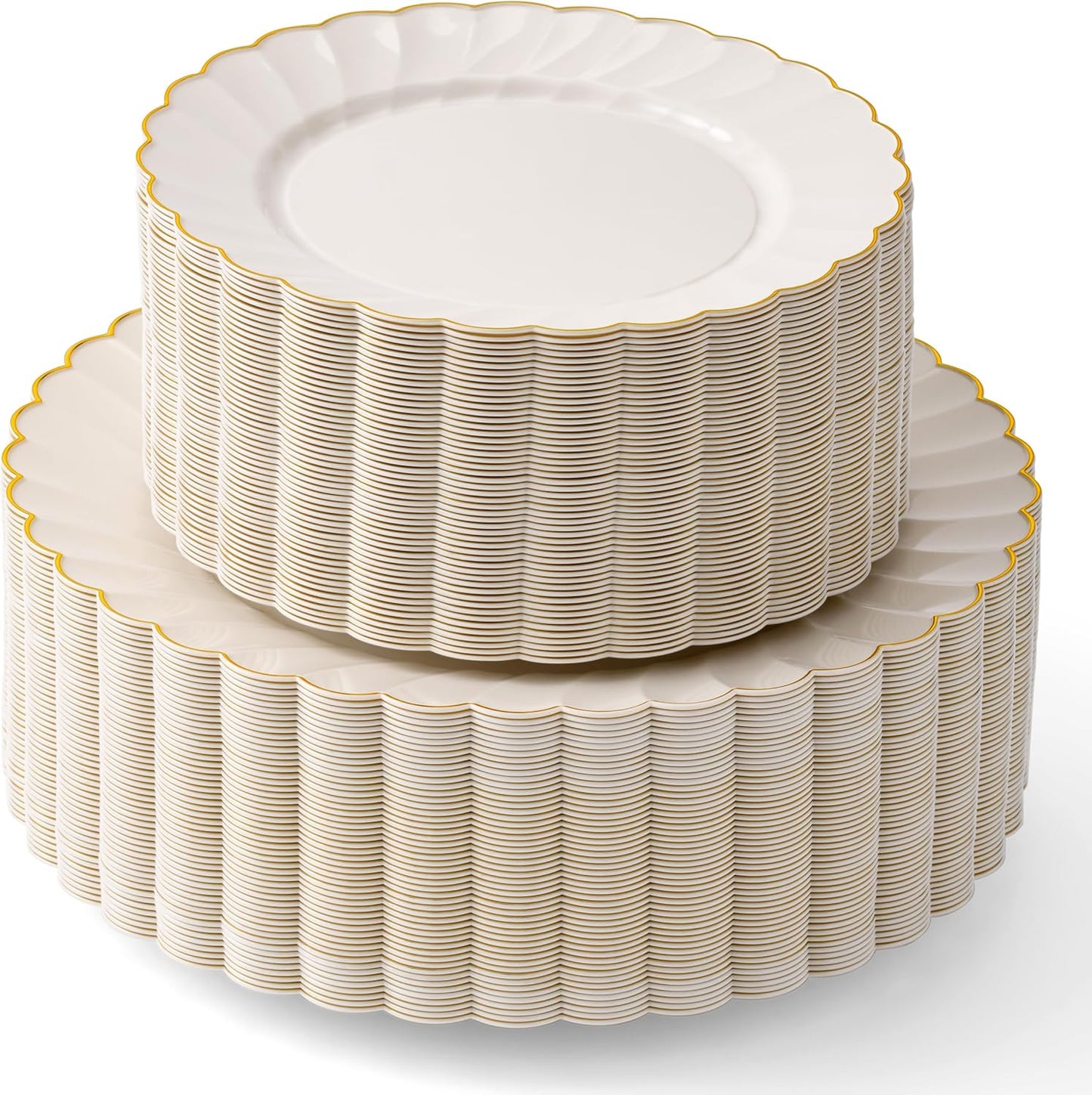 Elegant Ivory Scalloped Plastic Plates with Gold Trim for Events