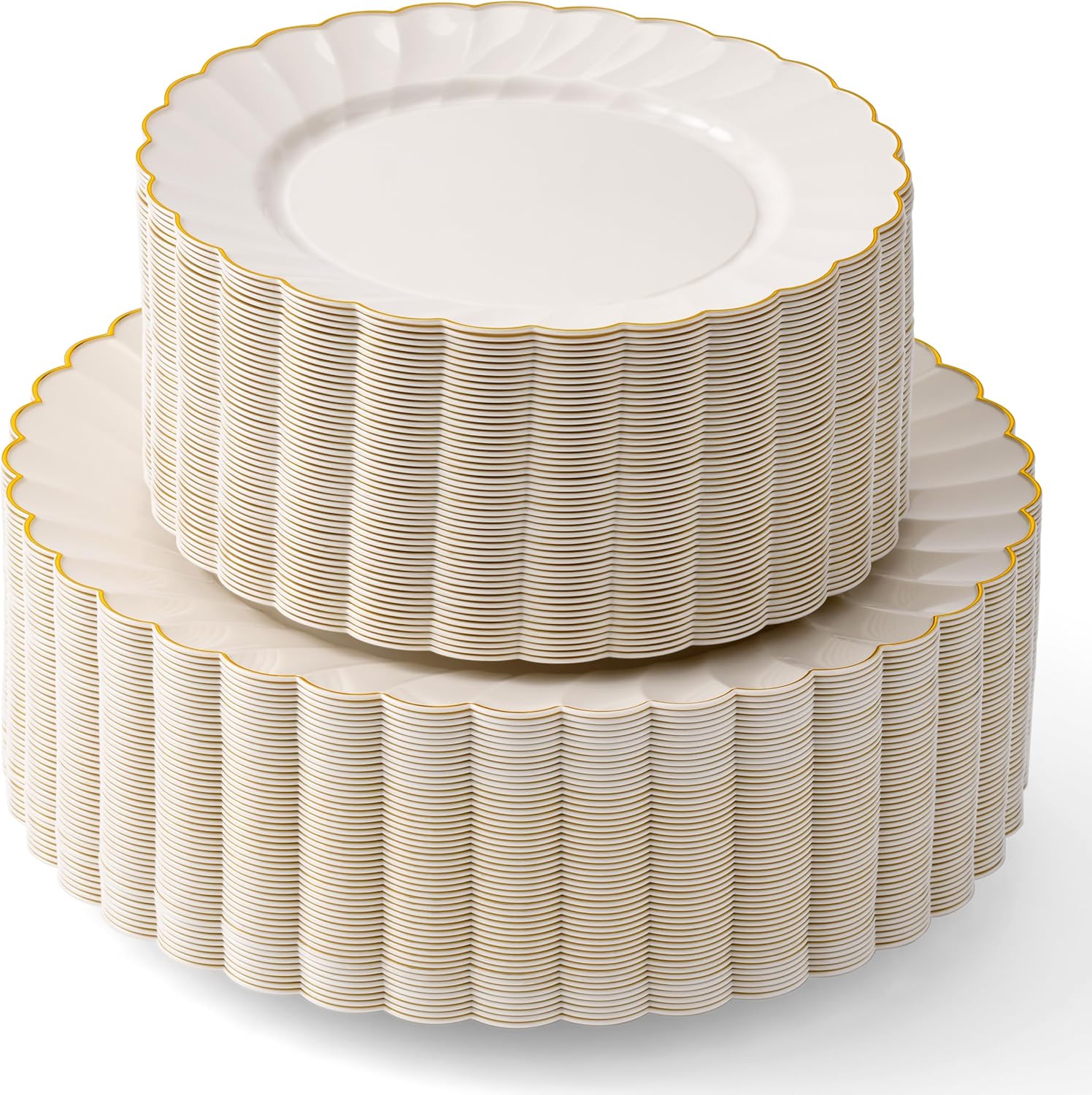Elegant Ivory Scalloped Plastic Plates with Gold Trim for Events