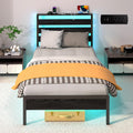Twin Bed Frame with Headboard and LED Lights - Built-In Charging