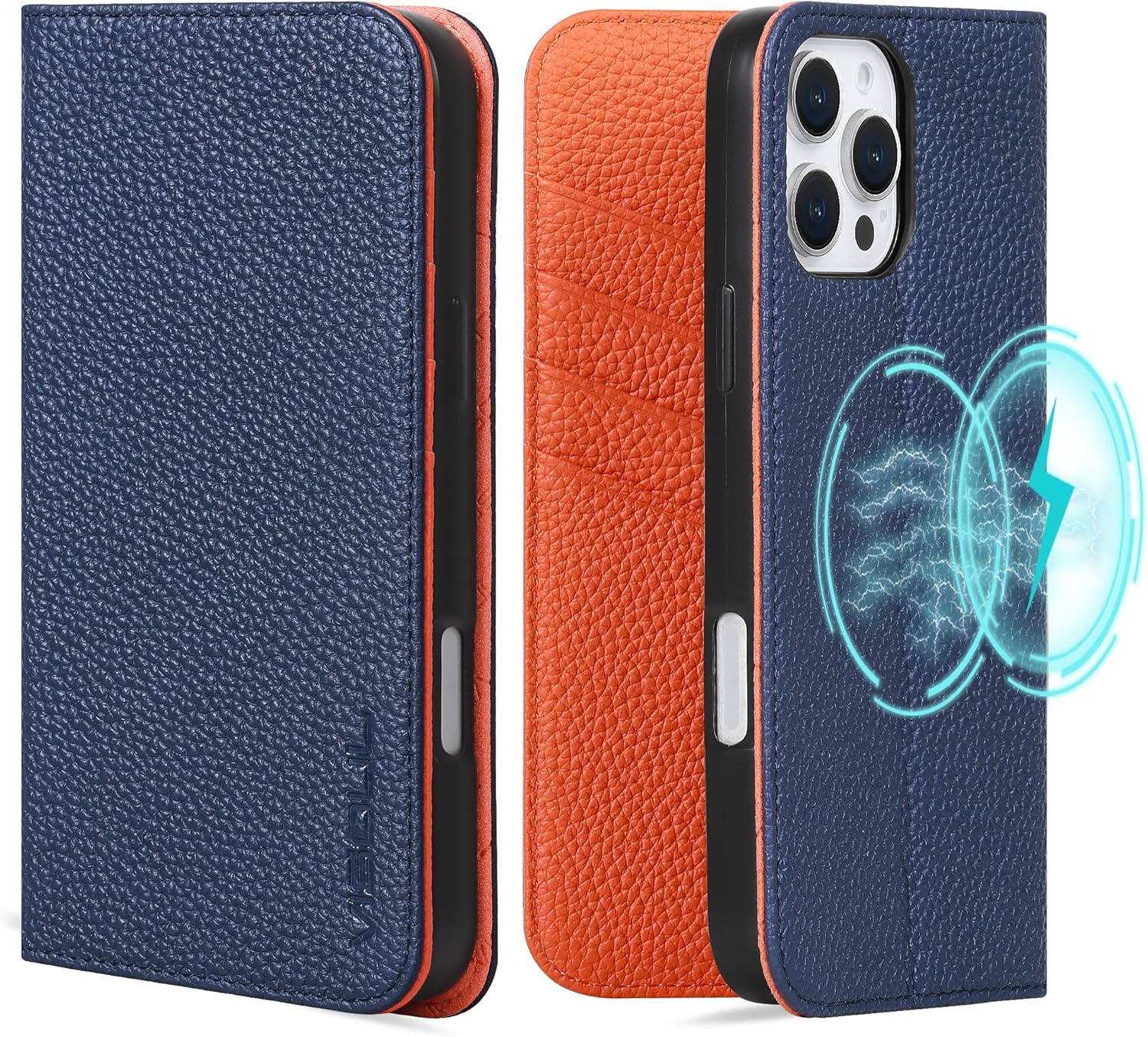 Genuine Leather Wallet Case for iPhone 16 Pro Max - Blue/Orange