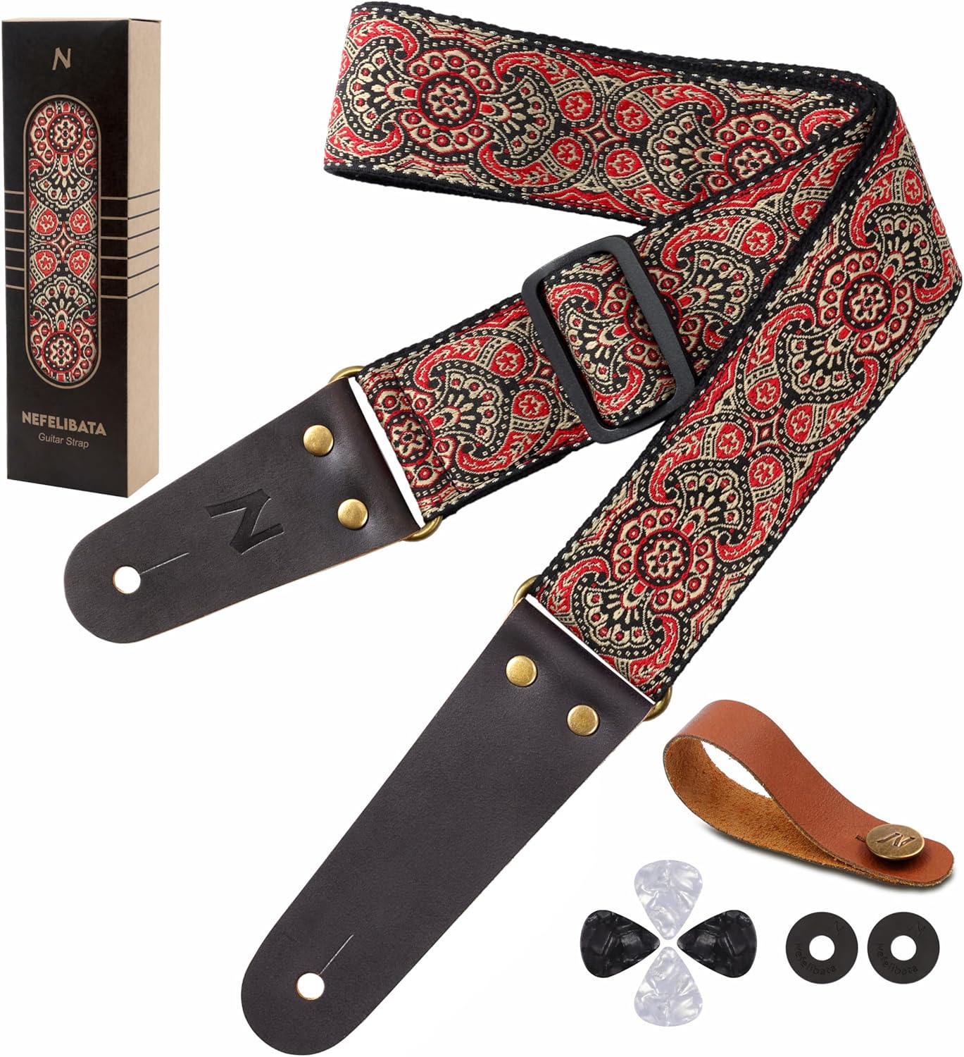 Nefelibata Vintage Embroidered Guitar Strap - Free Accessories Included!