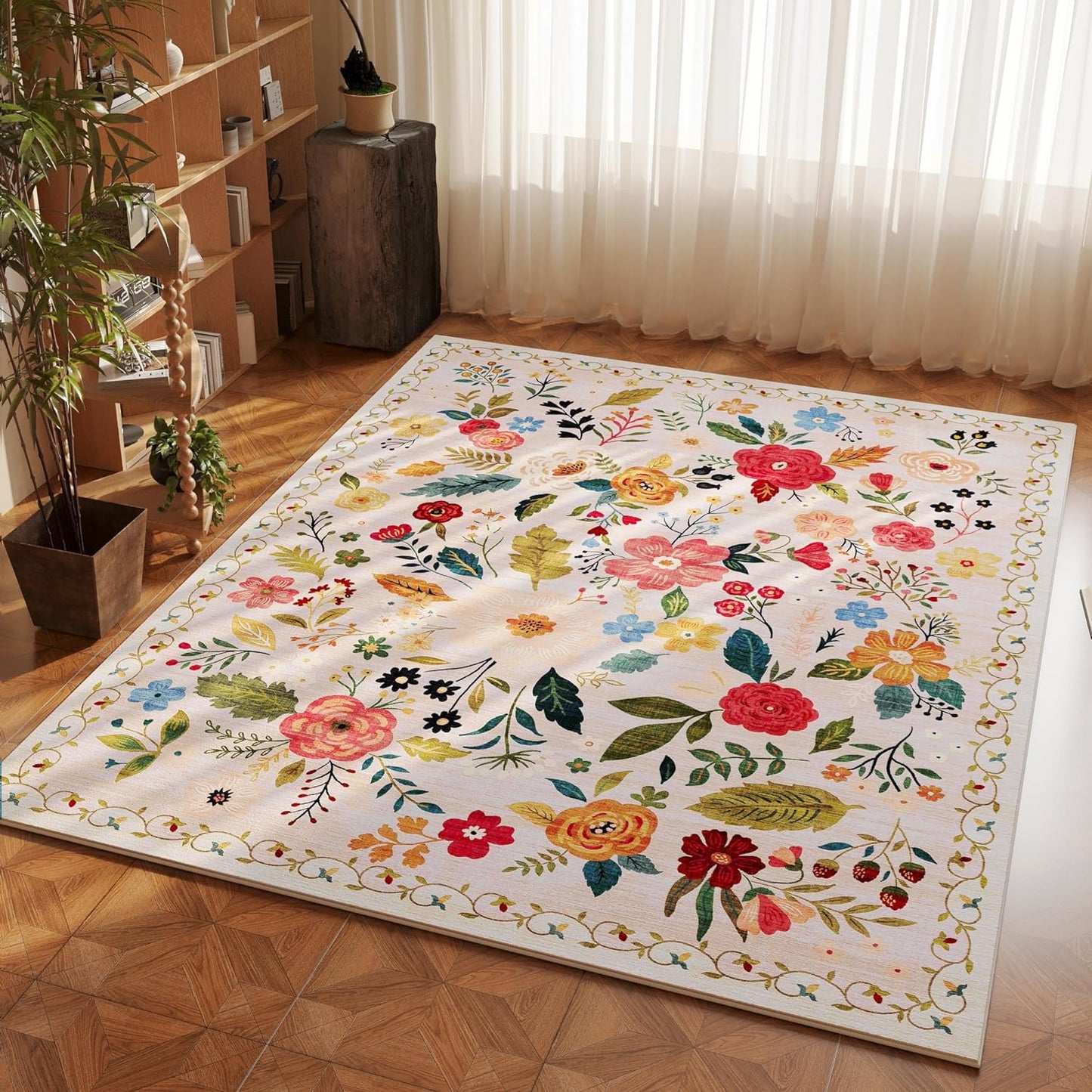 Washable Boho Area Rug 4x6 ft - Non-Slip Low Pile Beige Floral Carpet - Rugcomf