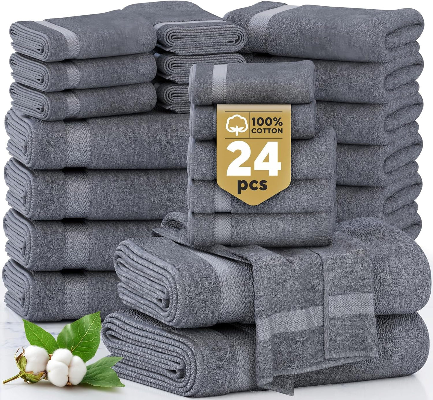 100% Cotton Bath Towels Set - 24 PCs - Soft & Absorbent