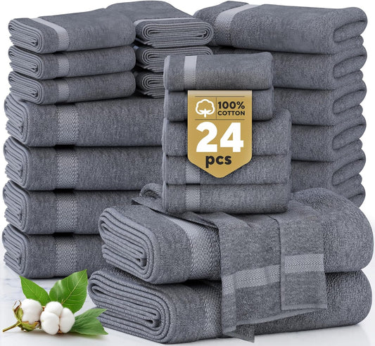 100% Cotton Bath Towels Set - 24 PCs - Soft & Absorbent