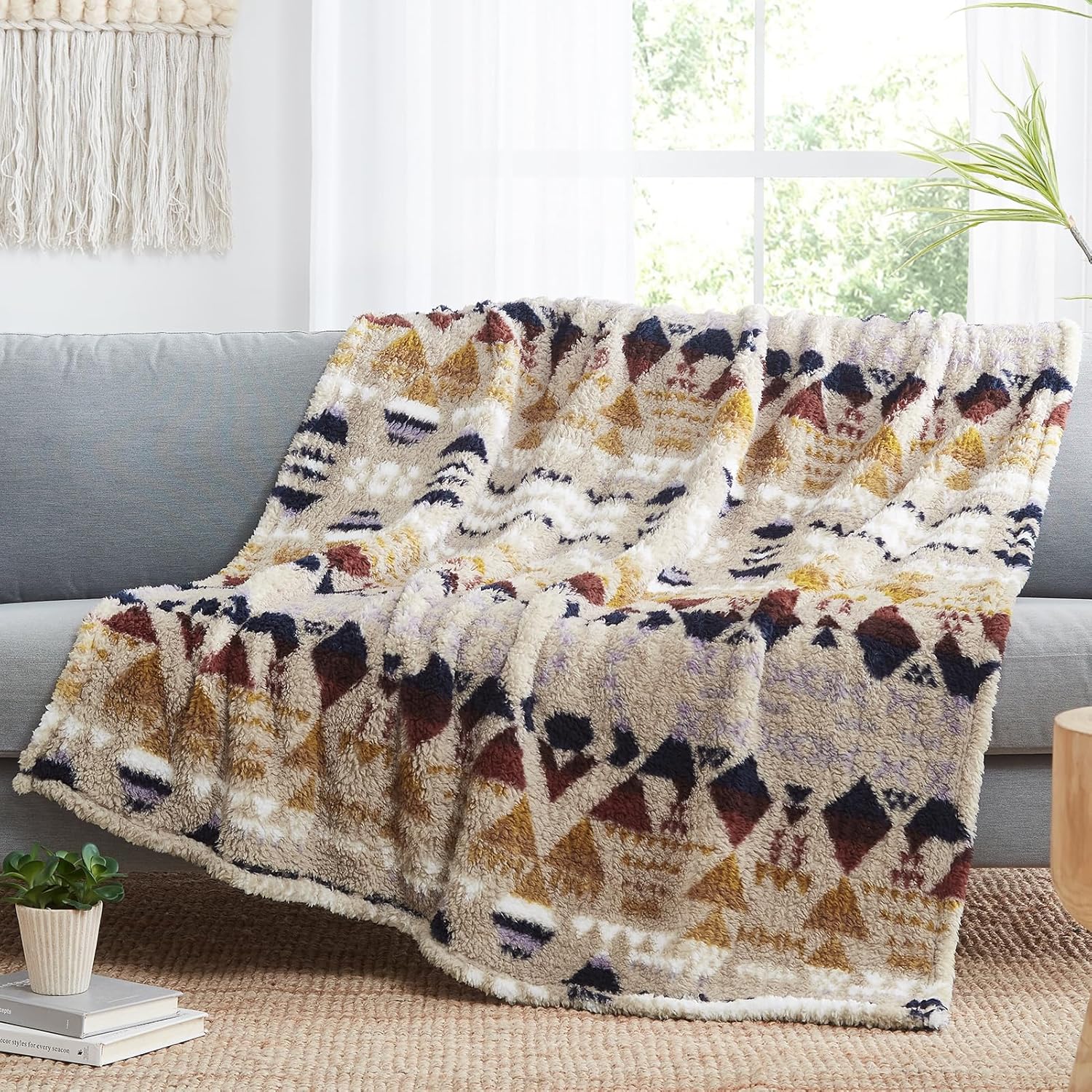 CASAAGUSTO Boho Sherpa Blanket: Cozy Teal Aztec Design