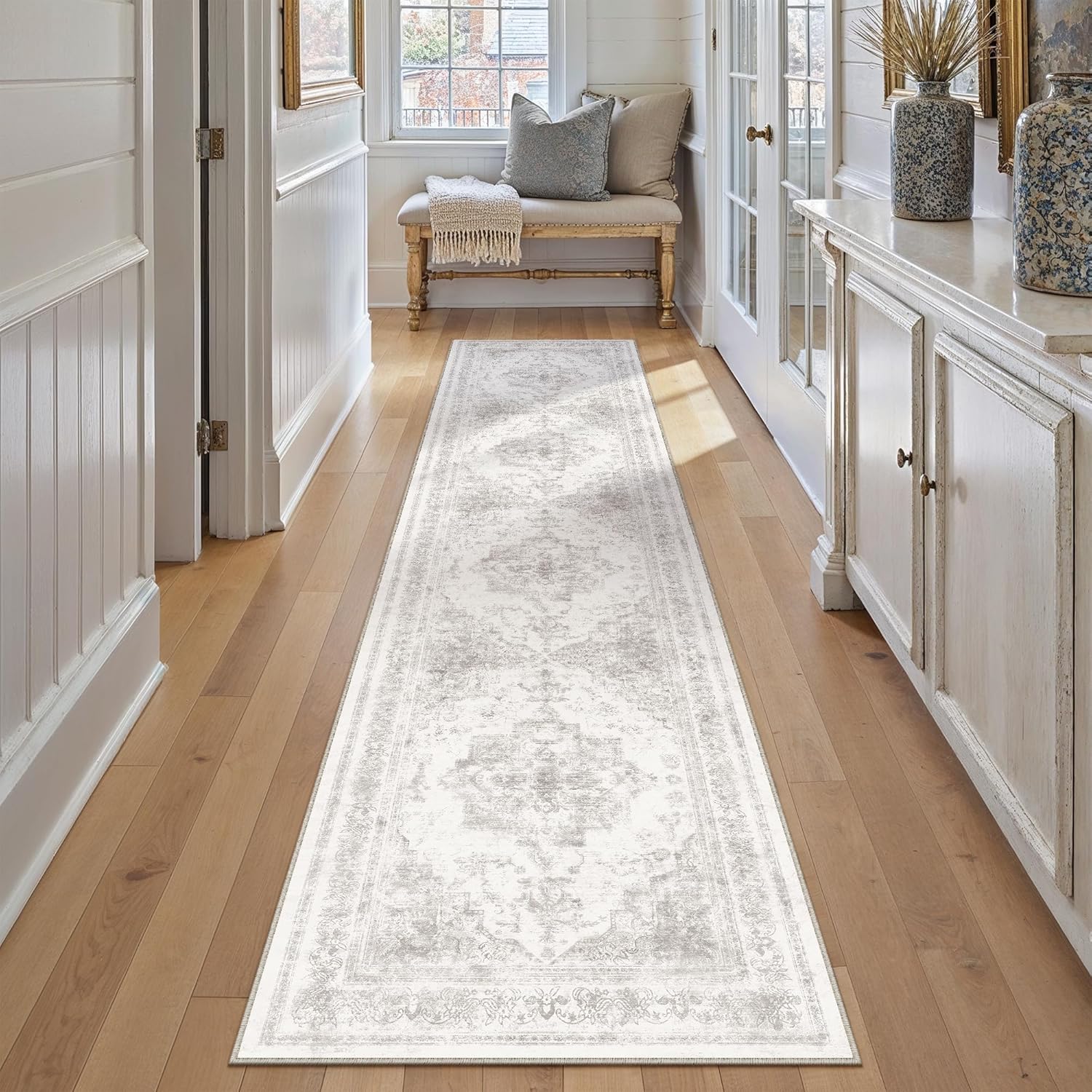 Runner Rug 3x12 Washable Light Gray Vintage Boho Medallion