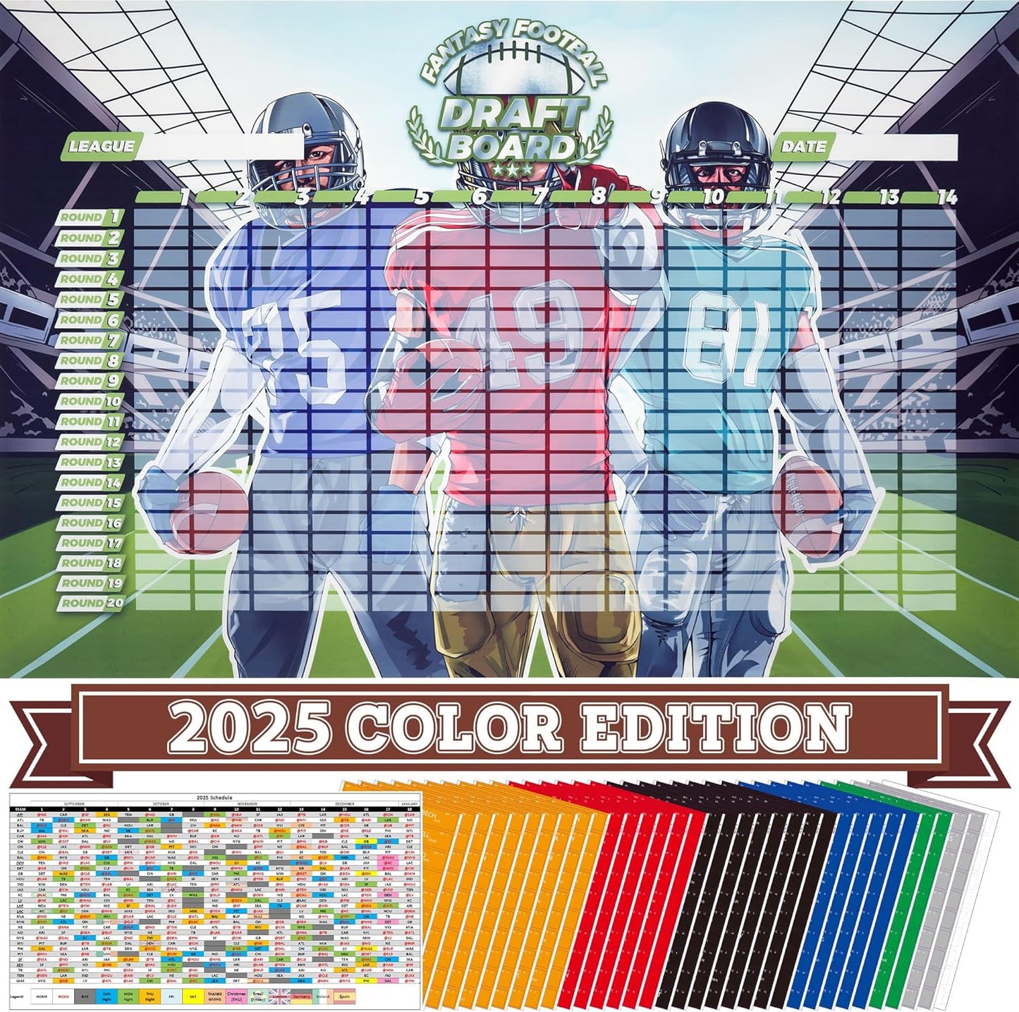 Fantasy Football Draft Board 2025-2026 Season Kit for 14 Teams