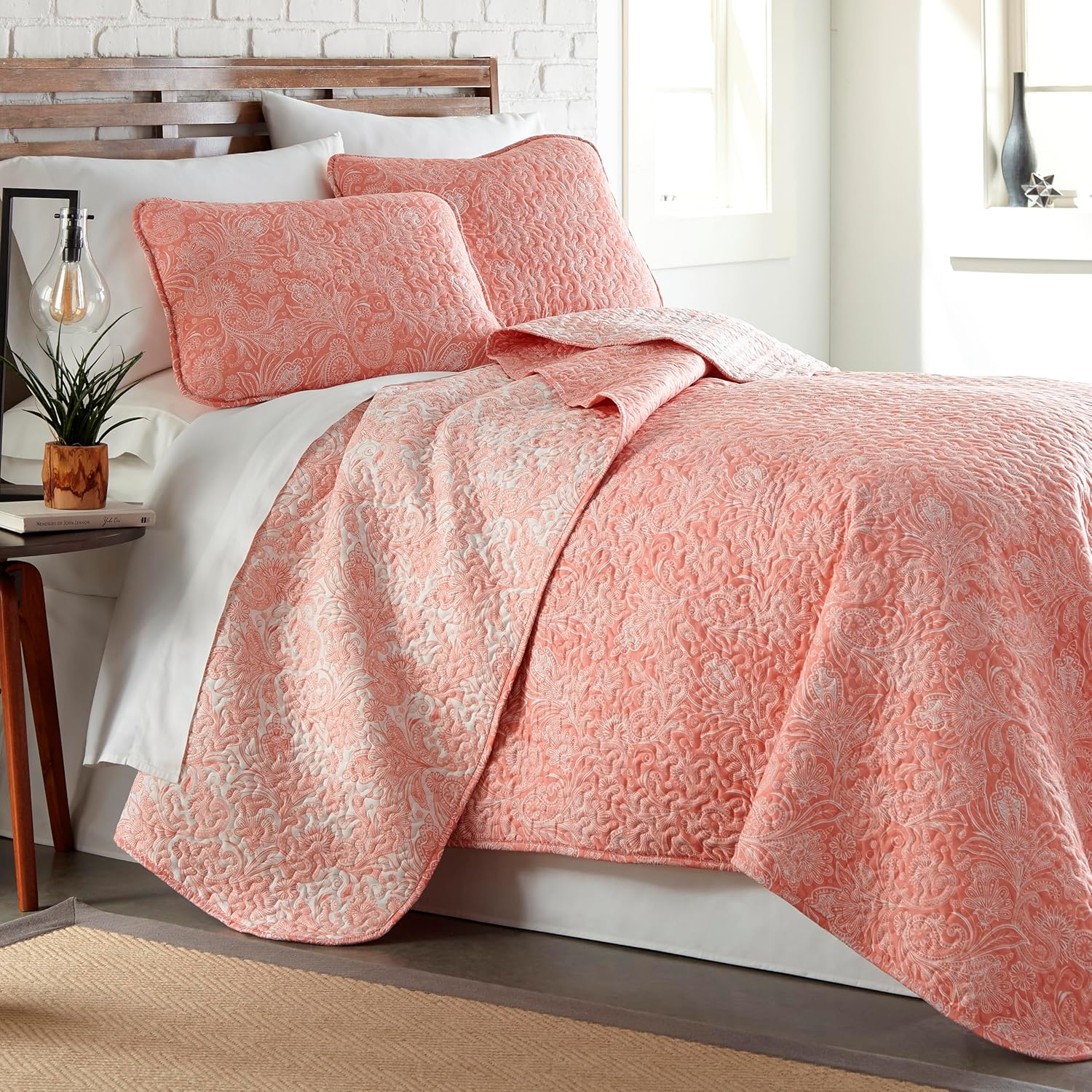 Twin XL Quilt Bedding Set with Reversible Boho Design in Coral