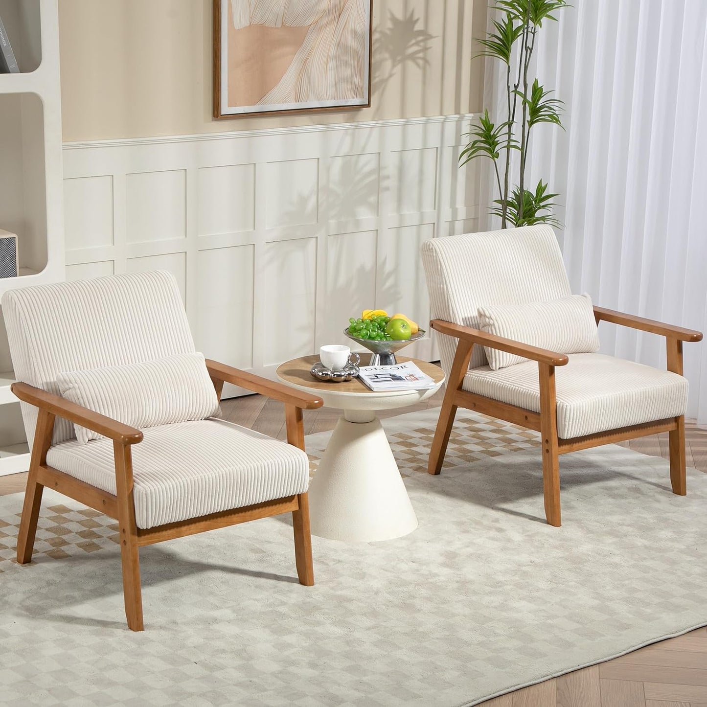 Luxury Set of 2 Beige Accent Chairs - Wood Legs, Lumbar Pillow