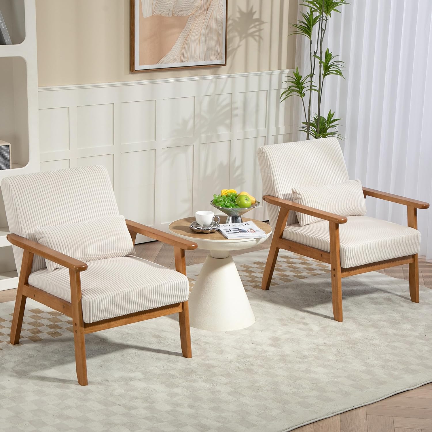 Luxury Set of 2 Beige Accent Chairs - Wood Legs, Lumbar Pillow