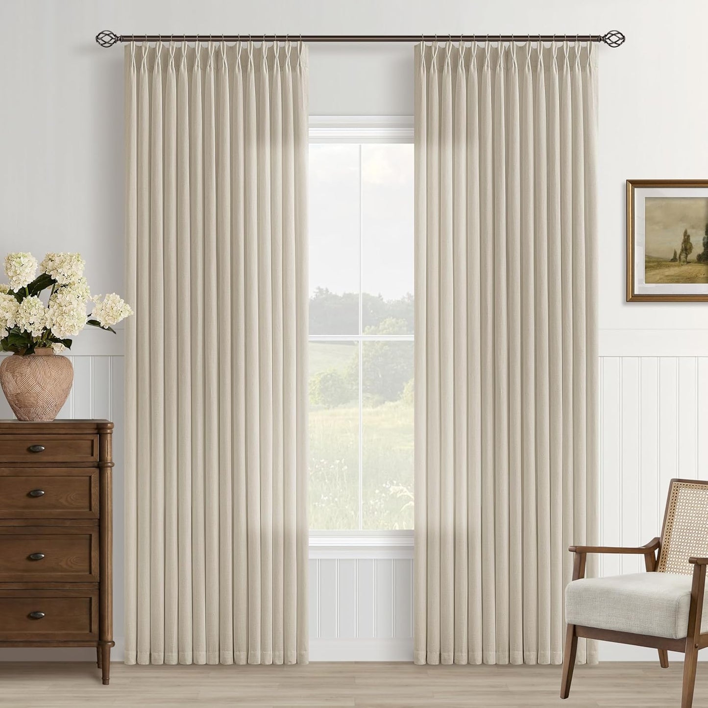 Neutral Linen Curtains 102 Inch Long Pinch Pleated for Living Room