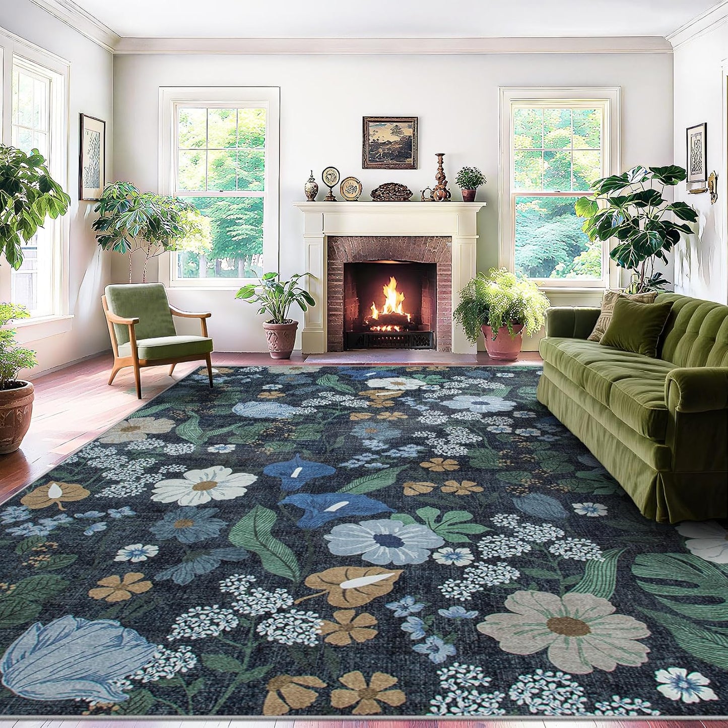 Vintage Floral 5x7 Washable Area Rug for Living Room Decor