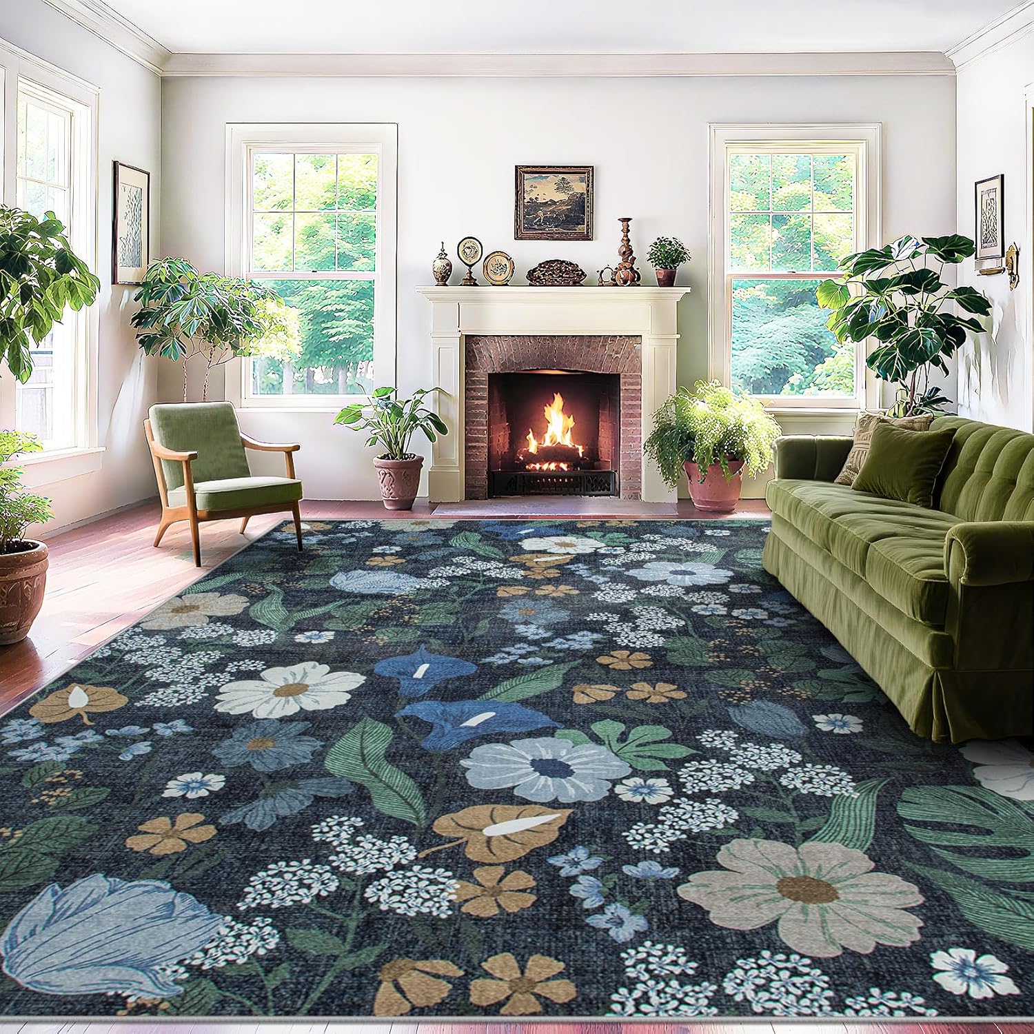 Vintage Floral 5x7 Washable Area Rug for Living Room Decor