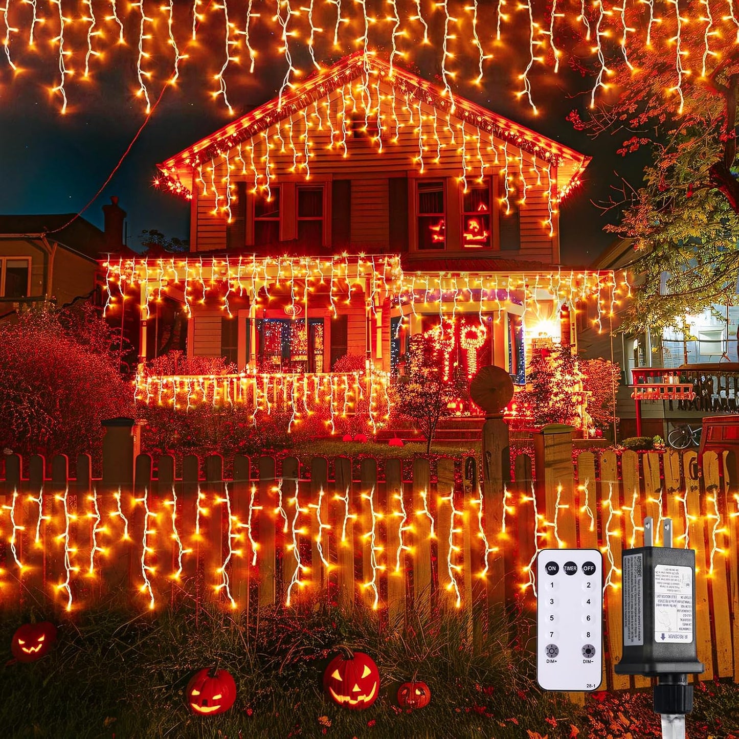 800 LED Orange Icicle Lights for Halloween and Fall Decor
