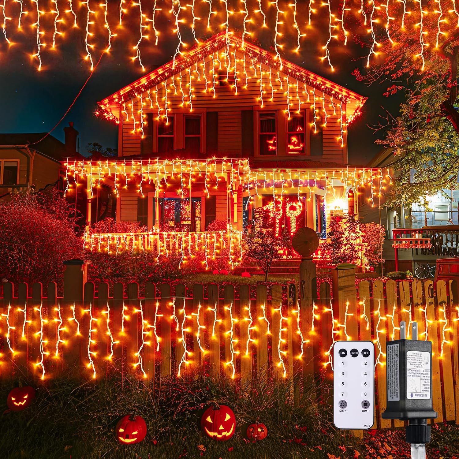 800 LED Orange Icicle Lights for Halloween and Fall Decor
