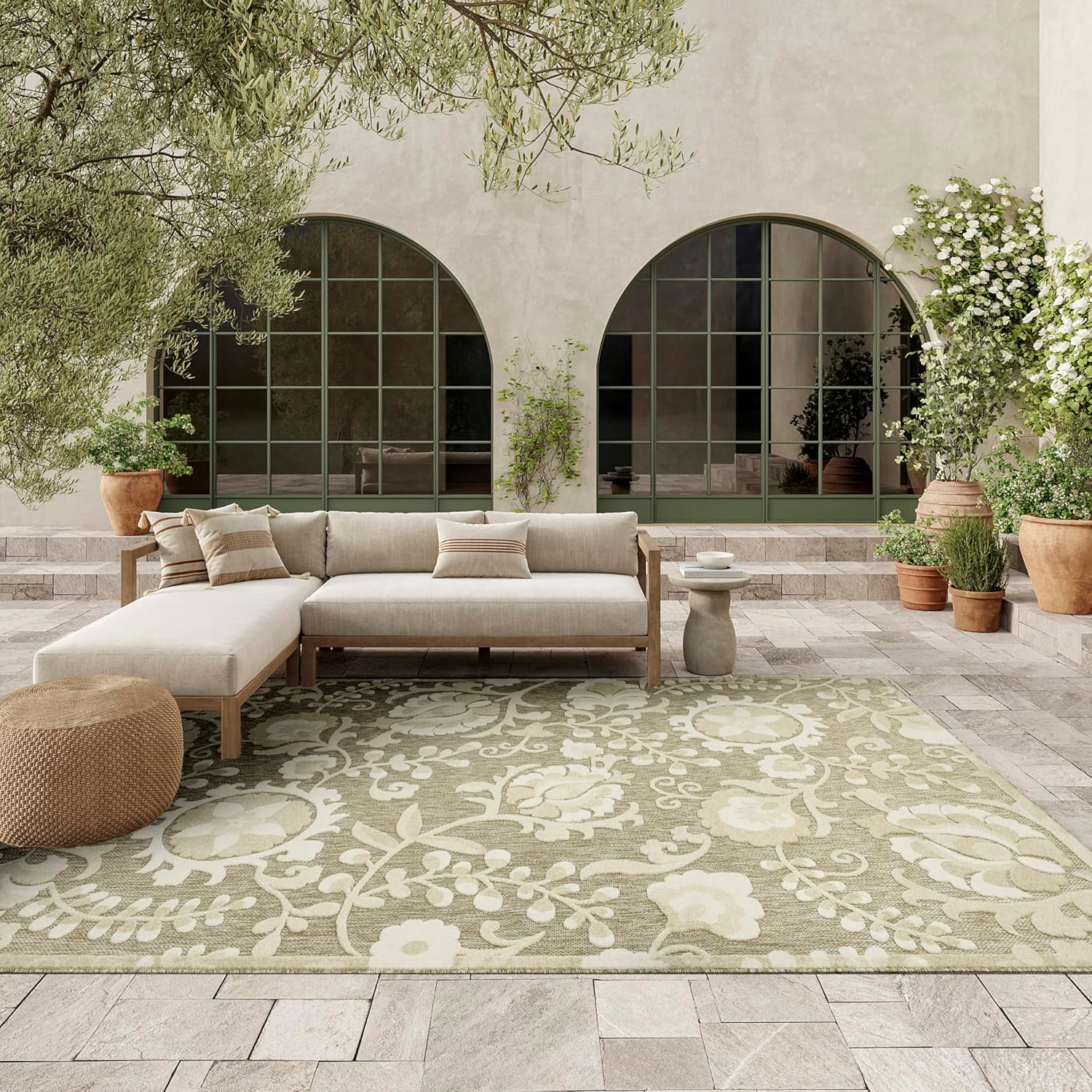 Nourison Aloha Ivory Sage Area Rug - Easy Clean Floral Design