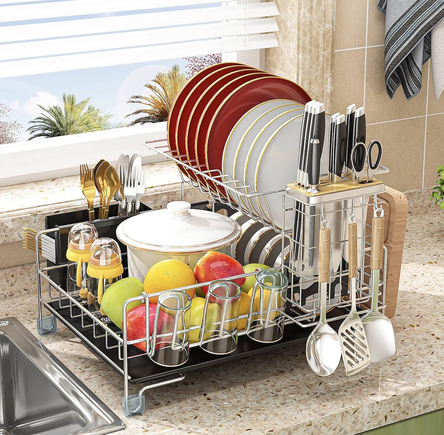 Stainless Steel 2-Tier Dish Drying Rack for Kitchen Counter
