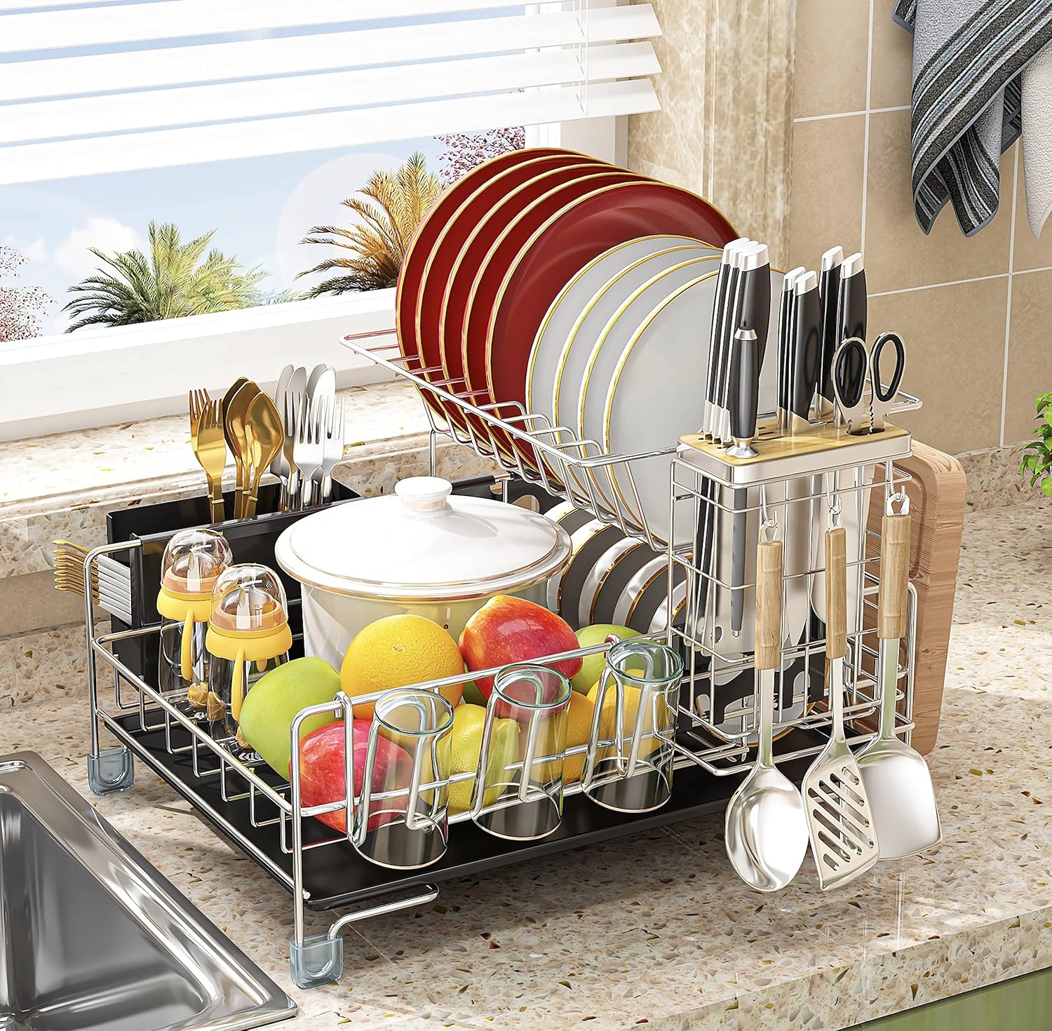 Stainless Steel 2-Tier Dish Drying Rack for Kitchen Counter