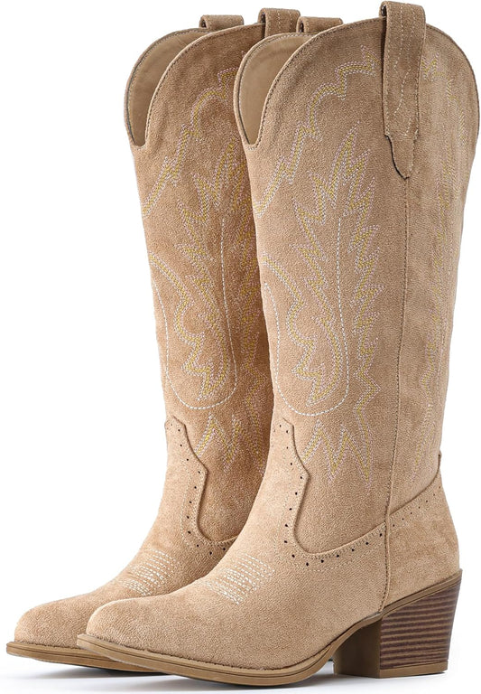 IUV Suede Cowboy Boots for Women with Chunky Heel and Embroidery