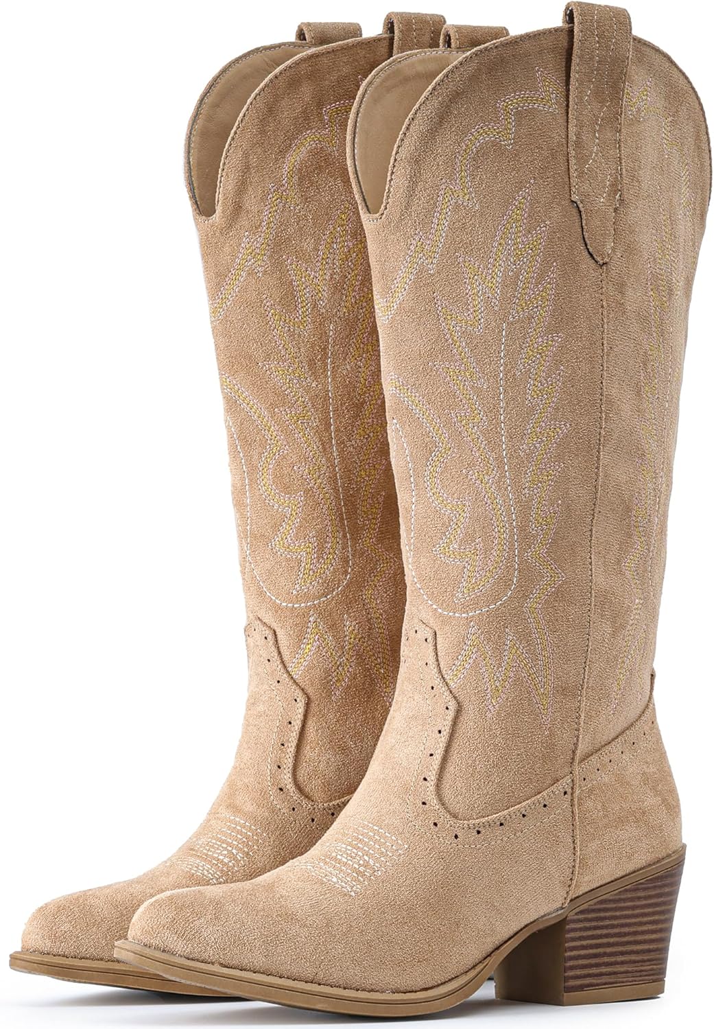 IUV Suede Cowboy Boots for Women with Chunky Heel and Embroidery